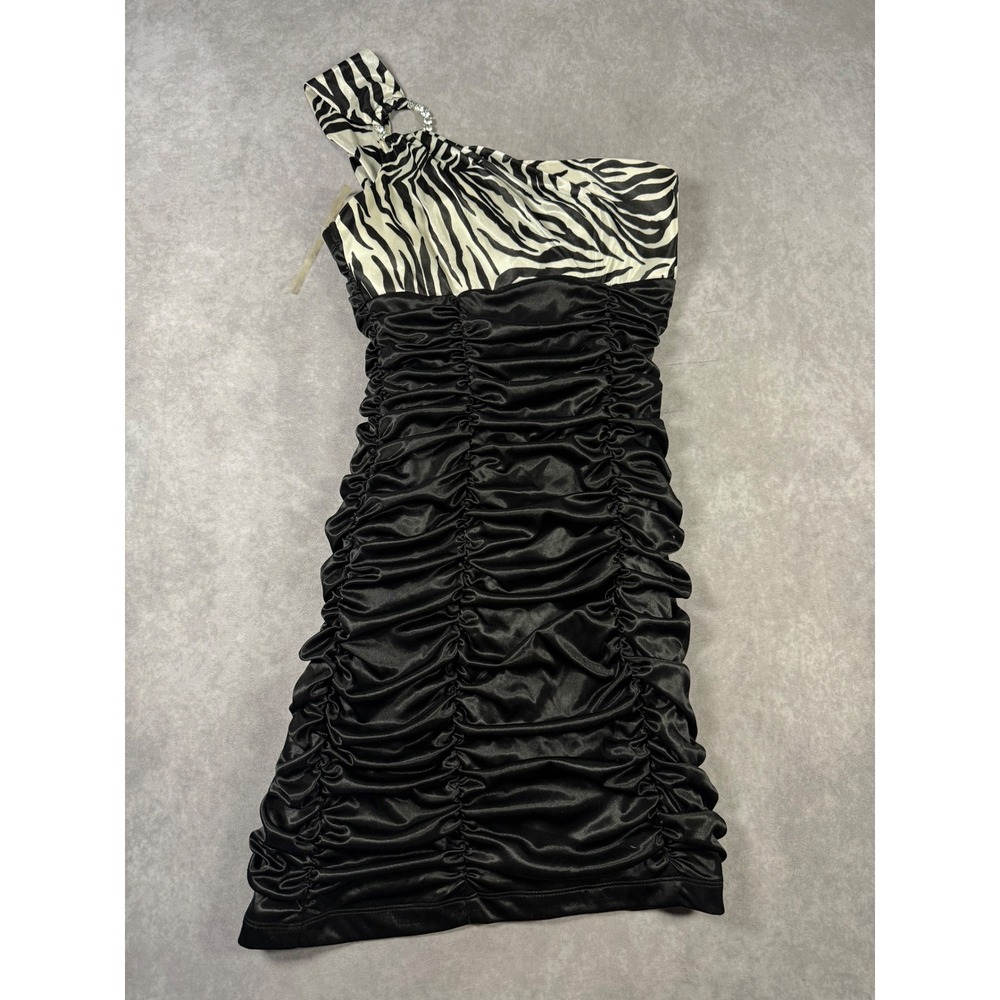 City Triangles Y2K Zebra Mini Dress S Ruched One Shoulder Rhinestone Homecoming